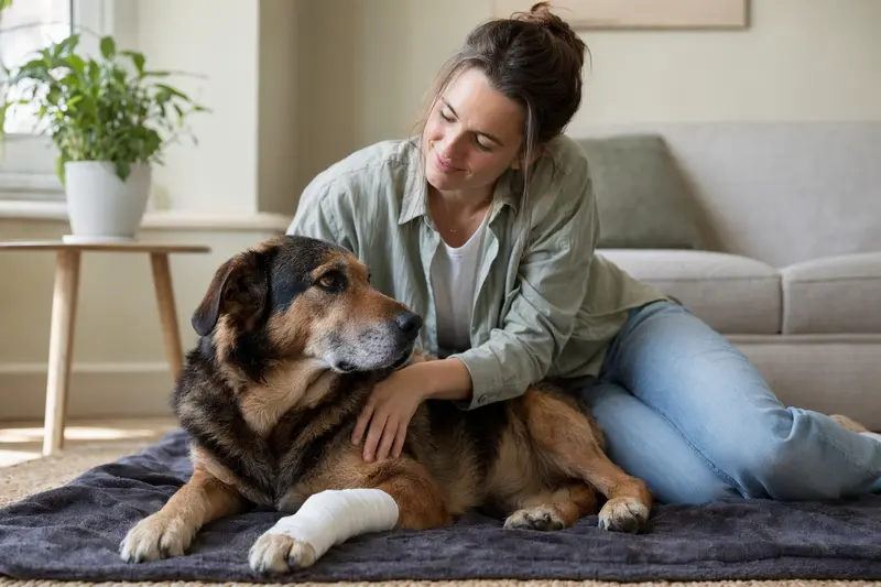 Transsylvanischer Spürhund mit leicht verbundenen Pfote liegt ruhig auf einer Decke, während sein Besitzer erleichtert neben ihm sitzt.