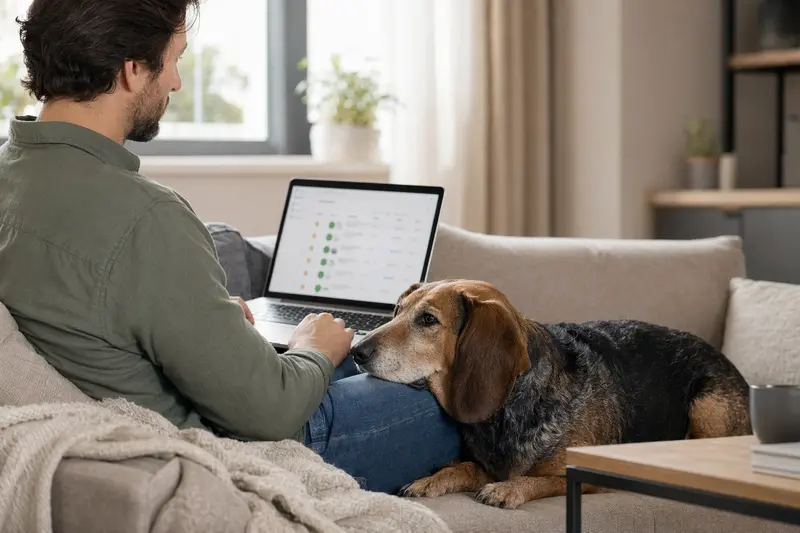 Ein Besitzer sitzt mit einem Laptop auf dem Sofa, neben ihm ein Transsylvanischer Spürhund, während er die Versicherungsangebote vergleicht.