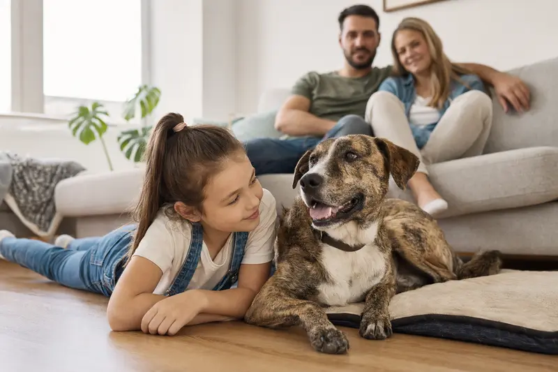 Ein Treeing Tennessee Brindle Hund liegt entspannt neben einem Kind im Wohnzimmer in einer sicheren Familienatmosphäre.