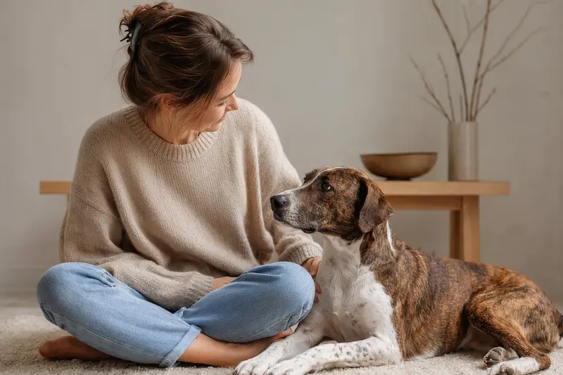 Ein aufmerksam stehender Treeing Tennessee Brindle Hund vor hellem Hintergrund in natürlicher Haltung.