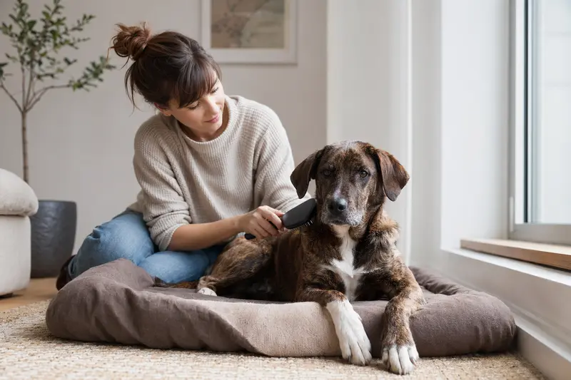 Ein Treeing Tennessee Brindle Hund wird in einer hellen Wohnung sanft gebürstet, während sein Besitzer liebevoll die Fellpflege übernimmt.