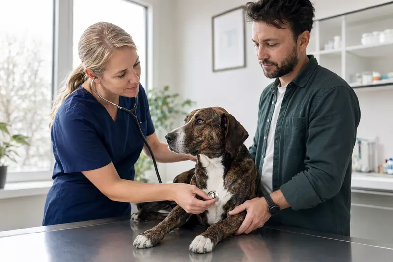 Ein ruhiger Treeing Tennessee Brindle wird in einer modernen Tierarztpraxis behutsam mit dem Stethoskop untersucht, während seine Besitzerin beruhigend danebensteht.
