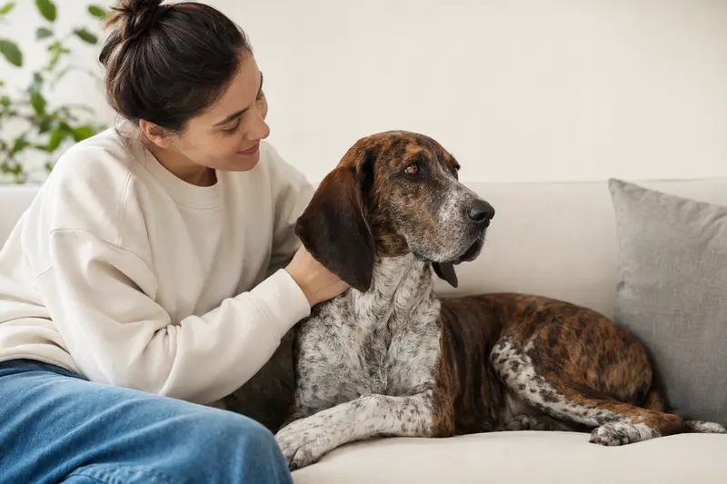 Ein Treeing Tennessee Brindle Coonhound steht aufmerksam vor hellem Hintergrund und zeigt seine typische Fellzeichnung und Körperform.