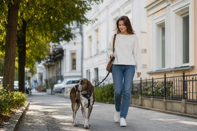 Ein Treeing Tennessee Brindle Coonhound läuft an der Leine mit seinem Besitzer durch eine moderne Stadtstraße.