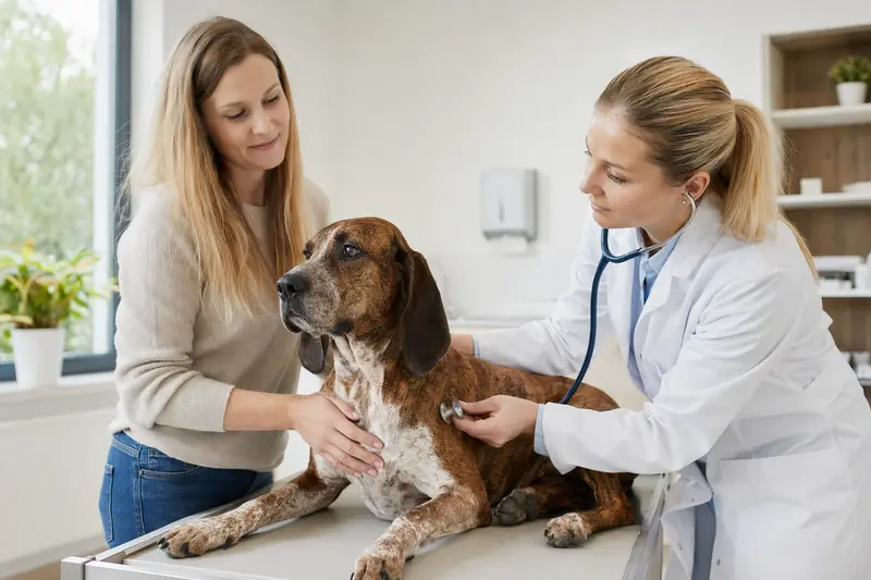Eine freundliche Tierärztin untersucht einen ruhigen Treeing Tennessee Brindle Coonhound mit dem Stethoskop, während der Besitzer beruhigend daneben steht.