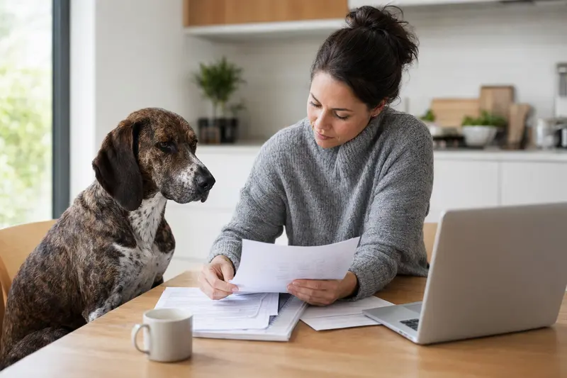 Ein Treeing Tennessee Brindle Coonhound sitzt ruhig neben seinem Besitzer am Küchentisch mit Versicherungsunterlagen und Laptop zur Hundekrankenversicherung.