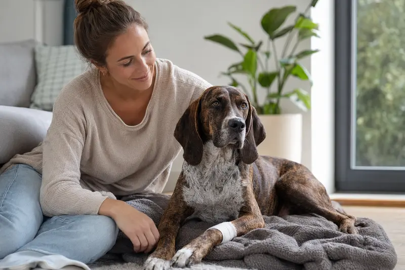 Treeing Tennessee Brindle Coonhound mit leicht verbundenen Pfote, der ruhig auf einer Decke neben seinem erleichterten Besitzer liegt.