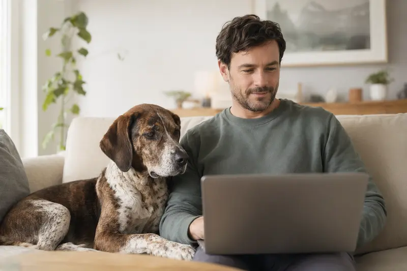 Ein Hund sitzt neben einem Laptop auf dem Sofa, während sein Besitzer Online-Versicherungen vergleicht.