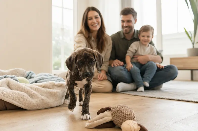 Junger Treeing Tennessee Brindle Coonhound Welpe entdeckt neugierig sein neues Zuhause auf einer weichen Decke mit Spielzeug und liebevoller Familie im Hintergrund.