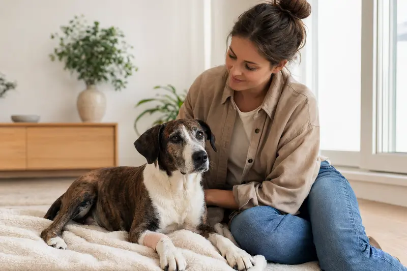 Treeing Tennessee Brindle Hund mit leicht verbundenem Verband an der Pfote liegt ruhig auf einer Decke, während sein Besitzer neben ihm erleichtert sitzt.