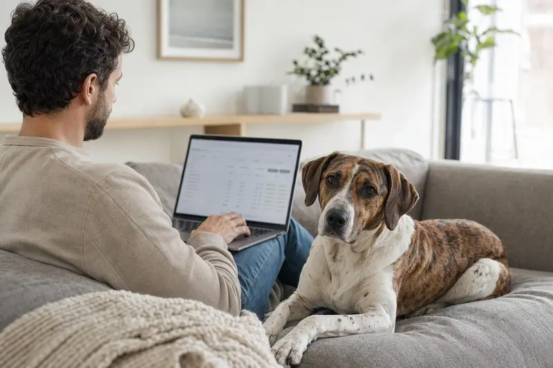 Ein Hund liegt gemütlich neben einem Besitzer, der am Laptop sitzt und sich über Tierkrankenversicherungen informiert.