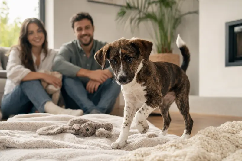 Ein junger Treeing Tennessee Brindle Welpe entdeckt neugierig sein neues Zuhause mit weicher Decke und Spielzeug in einer hellen Wohnung.