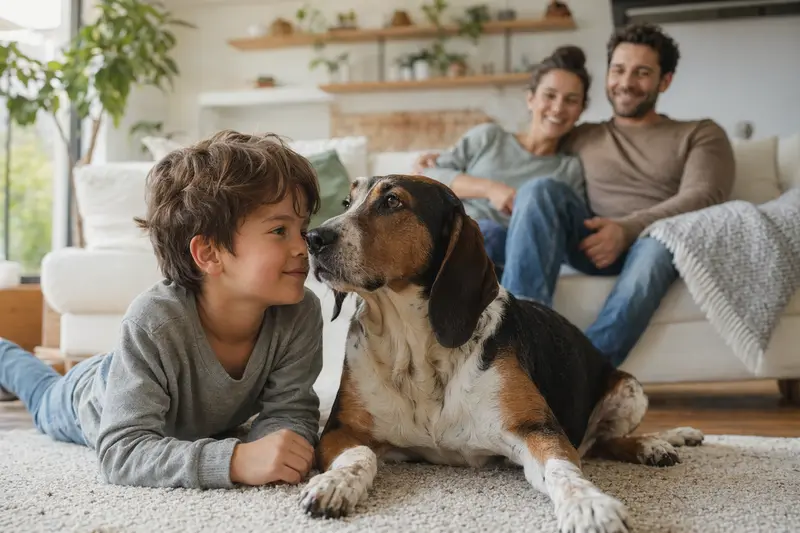 Ein Treeing Walker Coonhound liegt entspannt neben einem Kind im Wohnzimmer, während die Eltern im Hintergrund eine sichere Familienatmosphäre schaffen.