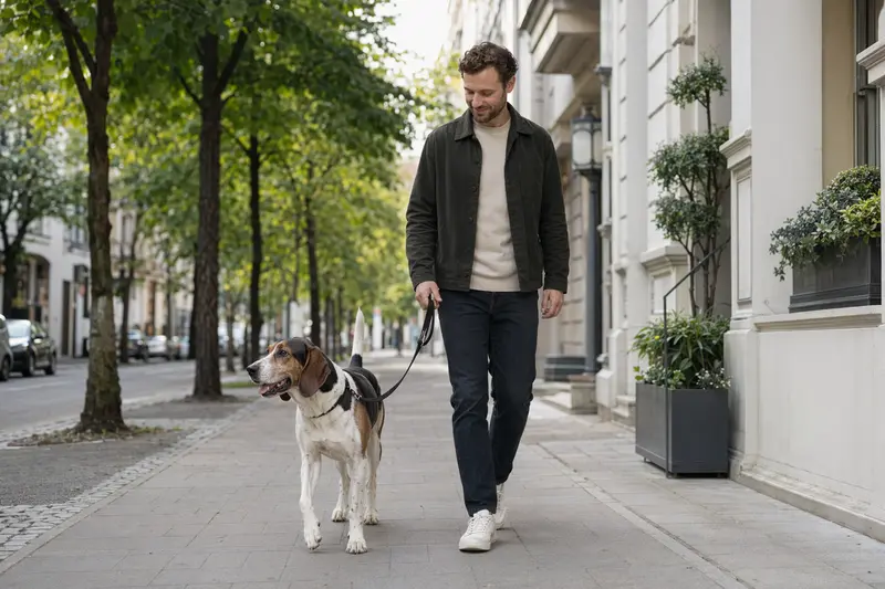 Ein Treeing Walker Coonhound läuft an der Leine neben seinem Besitzer durch eine freundliche moderne Stadtstraße.