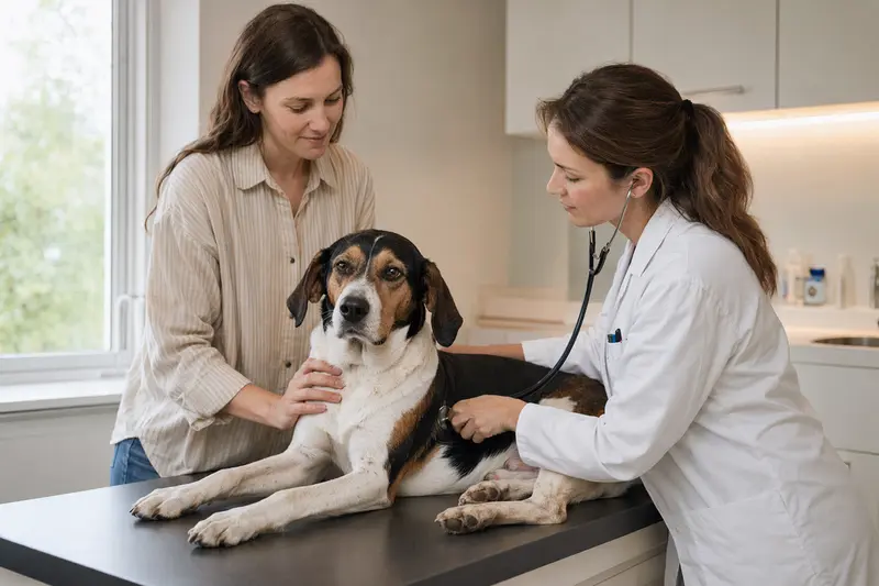 Tierärztin untersucht einen ruhigen Treeing Walker Coonhound mit dem Stethoskop in einer modernen Tierarztpraxis, während der Besitzer beruhigend danebensteht.