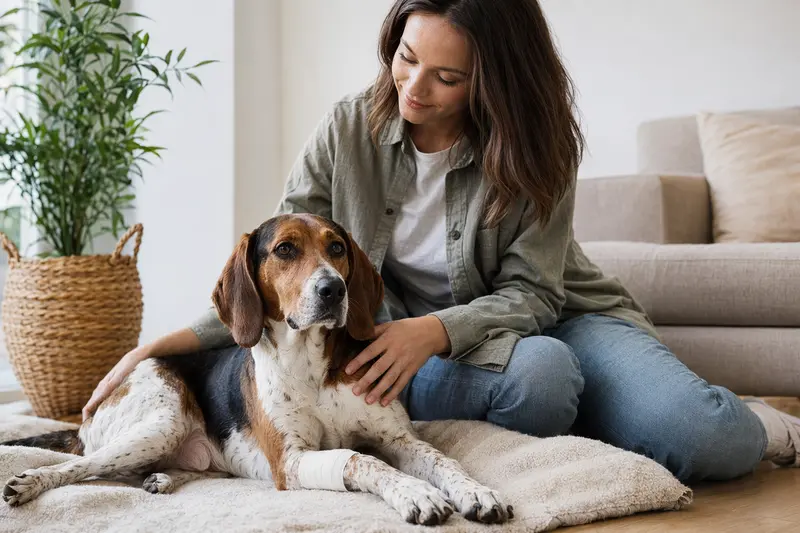 Ein Treeing Walker Coonhound mit leichtem Verband an der Pfote liegt ruhig auf einer Decke, während sein Besitzer erleichtert neben ihm sitzt.