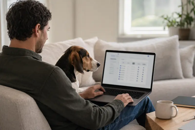 Ein Besitzer arbeitet am Laptop auf dem Sofa, während sein Treeing Walker Coonhound entspannt daneben sitzt, ideal für den Vergleich von Tierkrankenversicherungen.