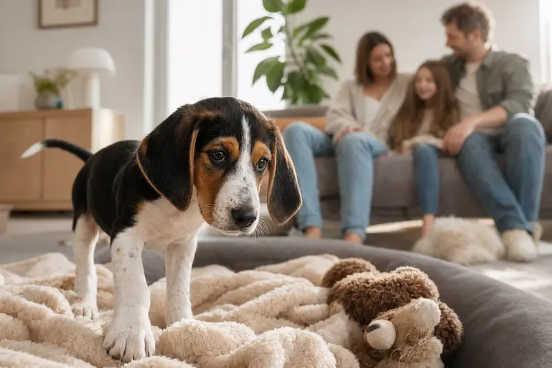 Neugieriger Treeing Walker Coonhound Welpe entdeckt sein neues Zuhause in einer hellen Wohnung mit weicher Decke und Spielzeug.