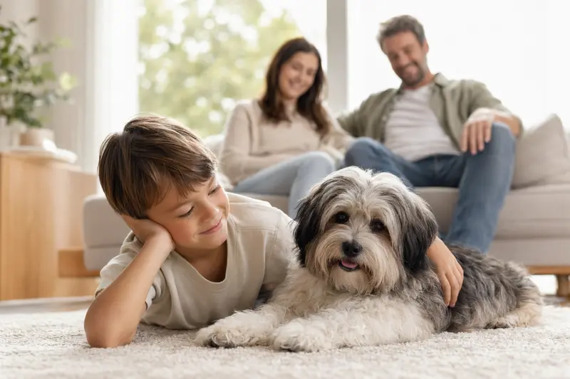 Ein Tsang Apso Hund liegt entspannt neben einem Kind im hellen Wohnzimmer und vermittelt eine sichere Familienatmosphäre.