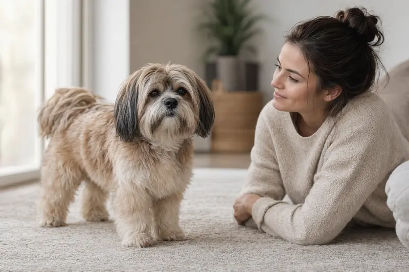 Tsang Apso Hund steht aufmerksam in natürlicher Haltung vor hellem Hintergrund und zeigt die typische Fellstruktur der Rasse.
