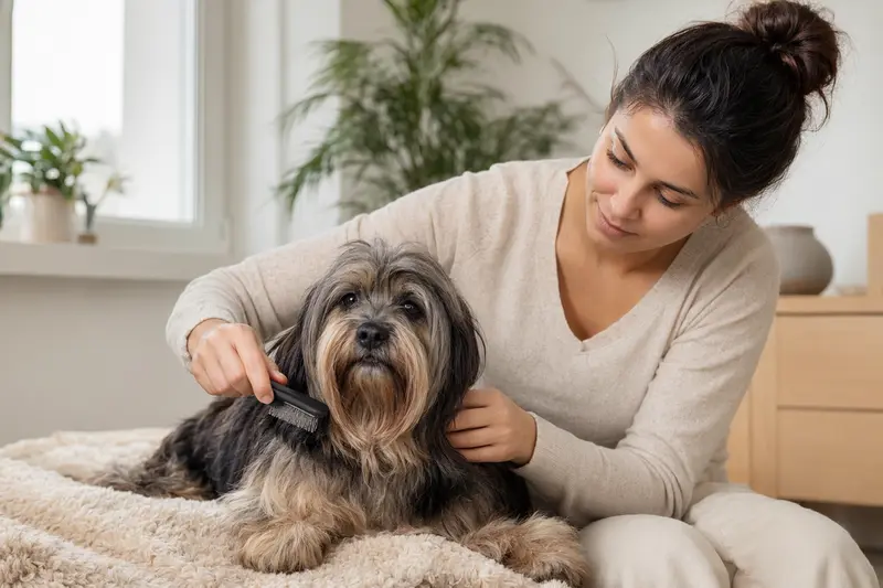 Ein Tsang Apso Hund wird in einer hellen Wohnung sanft gebürstet, während sein Besitzer die Fellpflege liebevoll übernimmt.