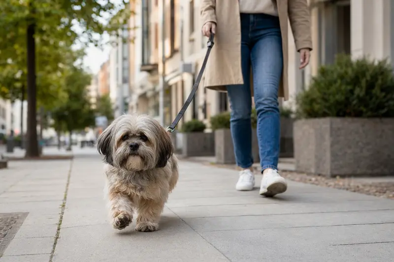 Ein Tsang Apso Hund läuft an der Leine mit seinem Besitzer durch eine moderne Stadtstraße in entspannter Alltagssituation.