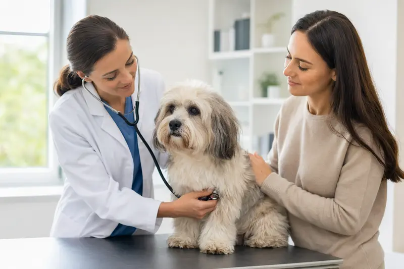 Eine Tierärztin untersucht einen ruhigen Tsang Apso auf dem Behandlungstisch mit dem Stethoskop, während der Besitzer beruhigend daneben steht.