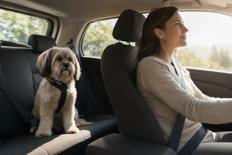 Ein Tsang Apso sitzt sicher angeschnallt auf der Rückbank eines Autos, während seine Besitzerin ruhig fährt und Sonnenlicht ins Fahrzeug fällt.