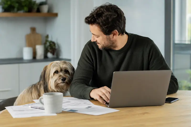 Ein Tsang Apso sitzt ruhig neben seinem Besitzer am Küchentisch mit Versicherungsunterlagen und Laptop zur Tierkrankenversicherung.