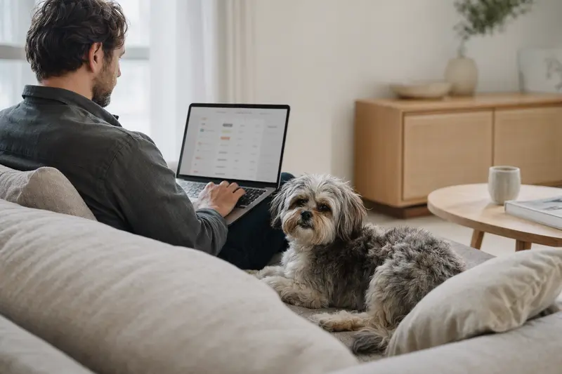Ein Hundebesitzer sitzt auf dem Sofa mit einem Laptop, während ein Tsang Apso Hund daneben liegt.