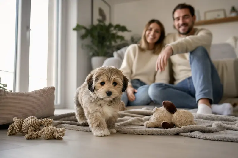 Ein junger Tsang Apso Welpe erkundet neugierig sein neues Zuhause mit weicher Decke und Spielzeug in einer hellen Wohnung.