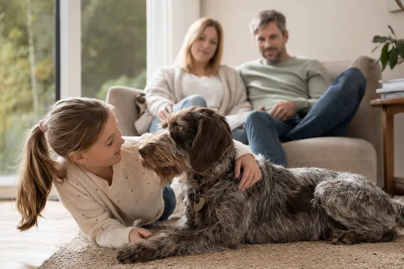 Ein Tschechischer Stichelhaar Hund liegt entspannt neben einem Kind im Wohnzimmer, während die Eltern im Hintergrund stehen und eine sichere, freundliche Familienatmosphäre entsteht.