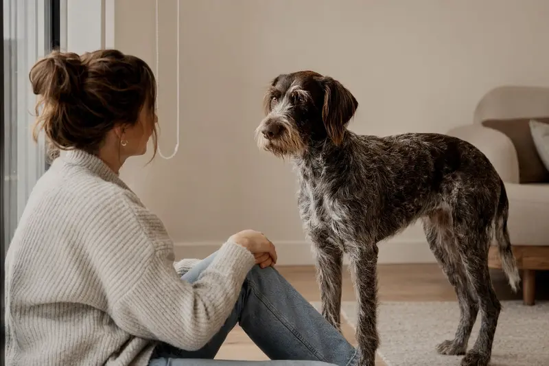 Ein Tschechischer Stichelhaar Hund steht aufmerksam vor hellem Hintergrund in natürlicher Haltung.