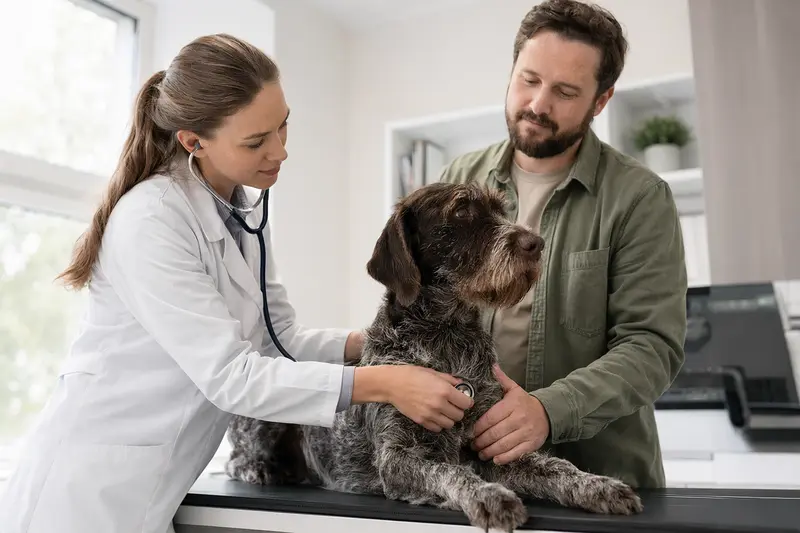 Eine Tierärztin untersucht einen ruhigen Tschechischen Stichelhaar Hund mit dem Stethoskop in einer modernen Tierarztpraxis, während der Besitzer beruhigend danebensteht.