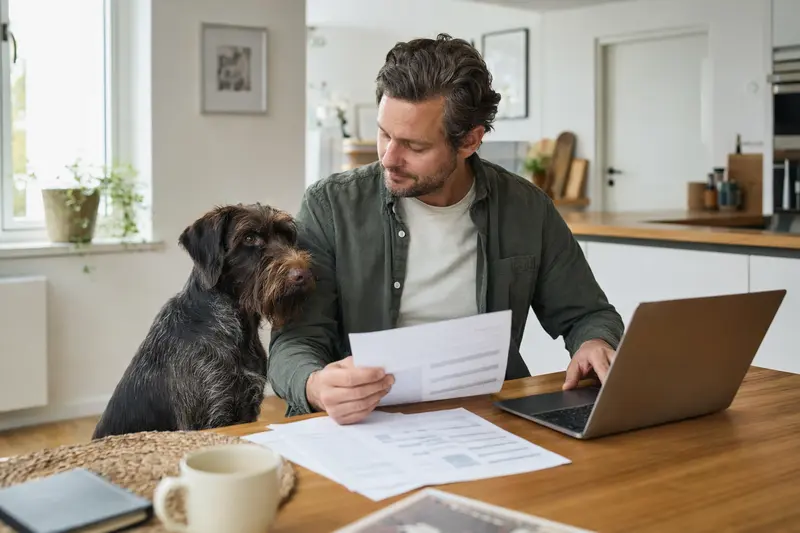 Ein Tschechischer Stichelhaar Hund sitzt ruhig neben seinem Besitzer am Küchentisch mit Versicherungsunterlagen und einem Laptop mit Vergleichsseite.