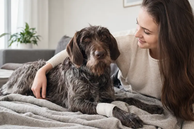 Tschechischer Stichelhaar Hund mit leichtem Verband an der Pfote liegt ruhig auf einer Decke neben seinem erleichterten Besitzer in einer hellen Wohnung.