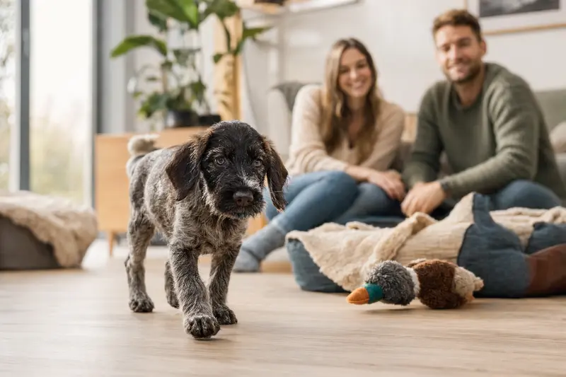 Ein junger Tschechischer Stichelhaar Welpe entdeckt neugierig sein neues Zuhause mit weicher Decke, Spielzeug und einer liebevollen Familie im Hintergrund.