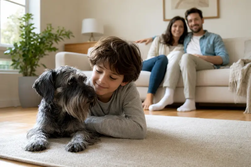 Ein freundlicher Tschechischer Terrier liegt entspannt neben einem Kind im hellen Wohnzimmer, während die Eltern im Hintergrund für eine sichere Familienatmosphäre sorgen.