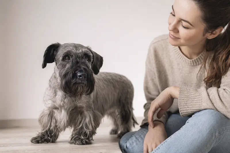 Ein aufmerksamer Tschechischer Terrier steht in natürlicher Haltung vor hellem neutralem Hintergrund.