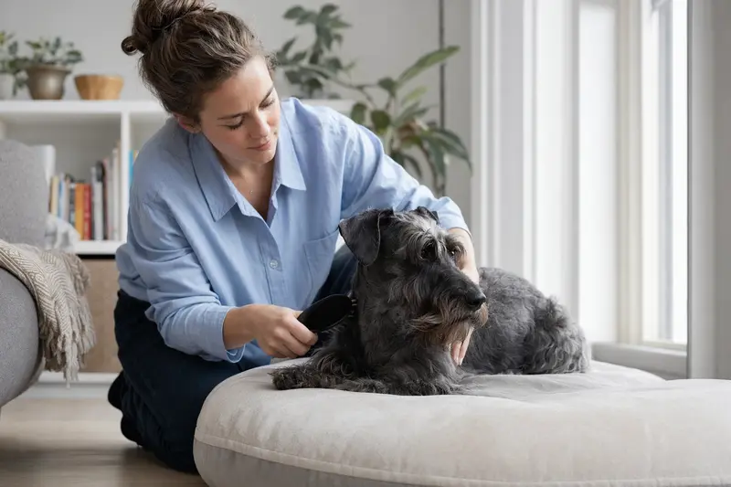 Ein Tschechischer Terrier wird zuhause liebevoll gebürstet, während sein Besitzer die Fellpflege ruhig und sorgfältig übernimmt.