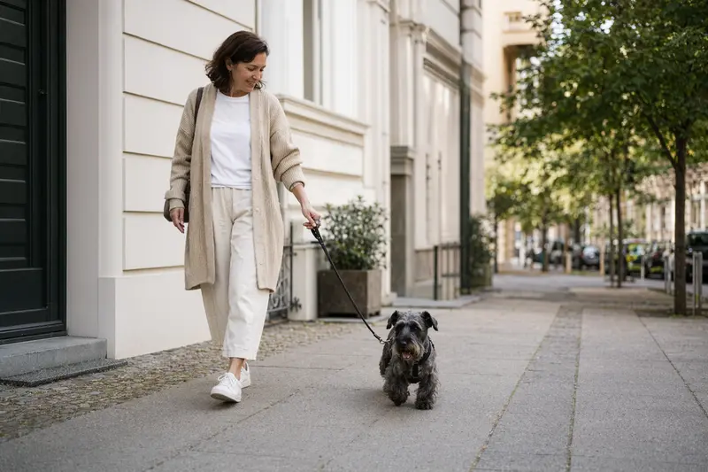 Ein Tschechischer Terrier läuft an der Leine mit seinem Besitzer durch eine freundliche moderne Stadtstraße.