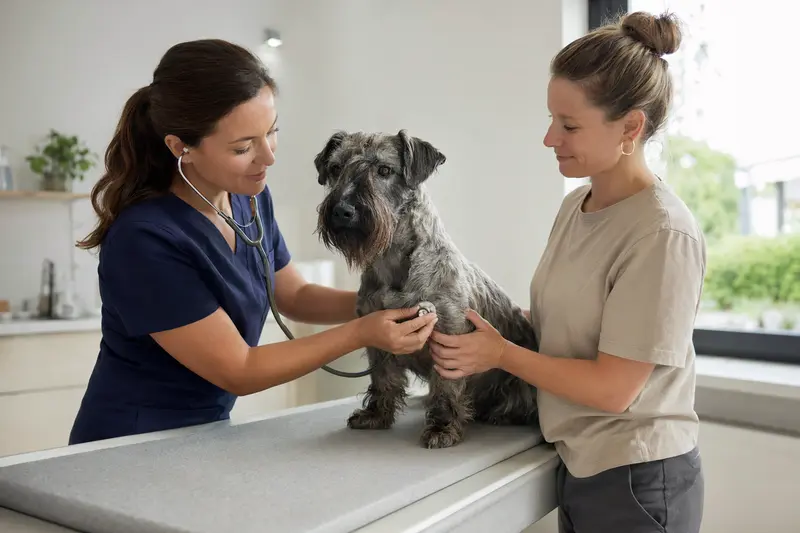 Eine Tierärztin untersucht einen ruhigen Tschechischen Terrier auf dem Untersuchungstisch in einer modernen Tierarztpraxis, während der Besitzer beruhigend danebensteht.