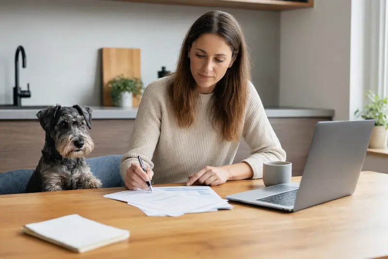 Ein Tschechischer Terrier sitzt ruhig neben seinem Besitzer am Küchentisch mit Versicherungsunterlagen und einem Laptop zur Hundekrankenversicherung.