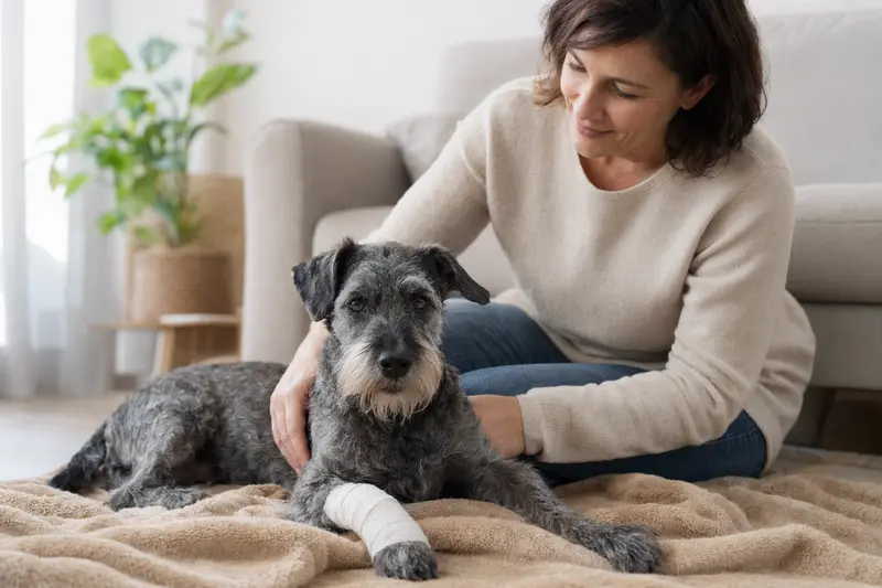 Ein Tschechischer Terrier mit leichtem Verband an der Pfote liegt ruhig auf einer Decke, während sein Besitzer erleichtert neben ihm sitzt.