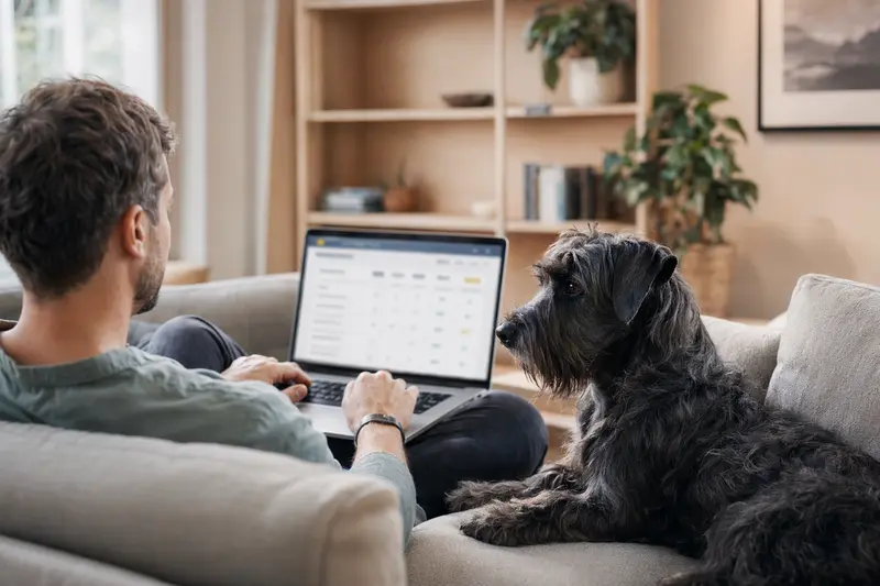 Ein Besitzer arbeitet am Laptop auf dem Sofa, während ein Tschechischer Terrier neben ihm sitzt; der Bildschirm zeigt eine neutrale Versicherungsvergleichsseite.