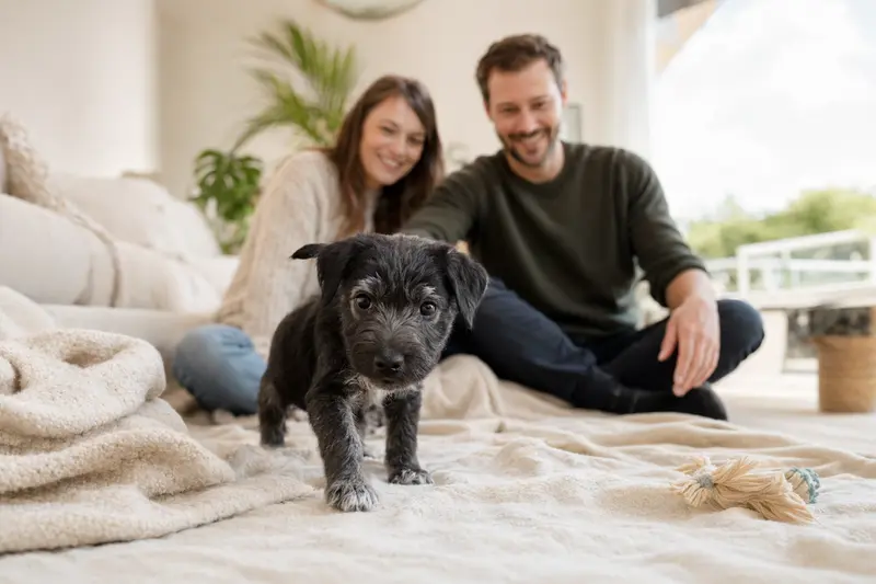 Ein junger Tschechischer Terrier Welpe erkundet neugierig sein neues Zuhause auf einer weichen Decke zwischen Spielzeug und einer liebevollen Familie im Hintergrund.