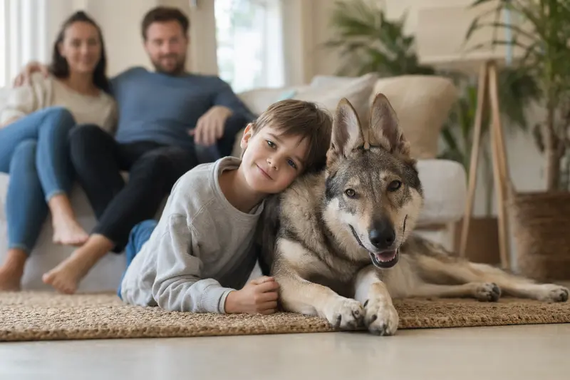 Ein Tschechoslowakischer Wolfshund liegt entspannt neben einem Kind im hellen Wohnzimmer einer Familie.