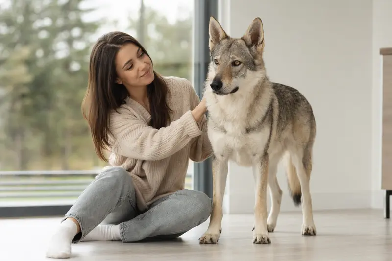 Tschechoslowakischer Wolfshund in natürlicher Haltung vor hellem Hintergrund, als realistisches Hundeportrait mit weichem Licht.
