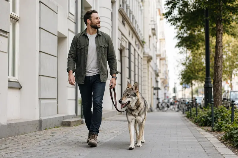 Ein Tschechoslowakischer Wolfshund läuft an der Leine mit seinem Besitzer durch eine saubere moderne Stadtstraße.