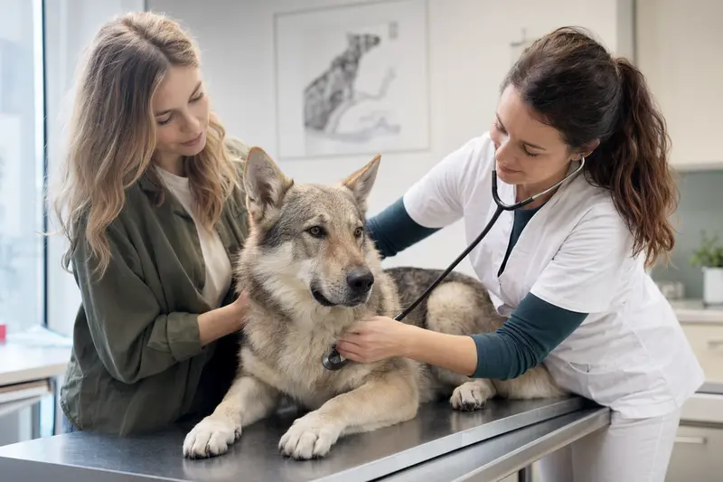 Eine Tierärztin untersucht einen ruhigen Tschechoslowakischen Wolfshund mit dem Stethoskop in einer modernen Tierarztpraxis, während der Besitzer beruhigend danebensteht.